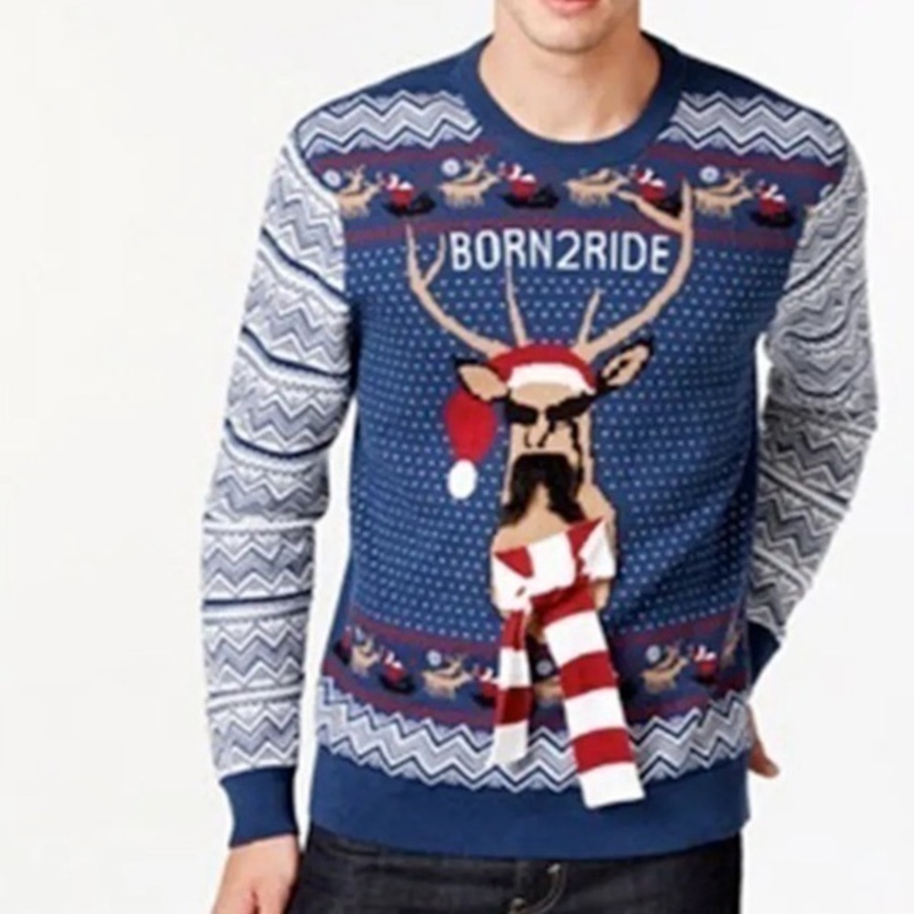 New American Rag Ugly Christmas Sweater Born 2 Ride Blue Red Deer Size Medium